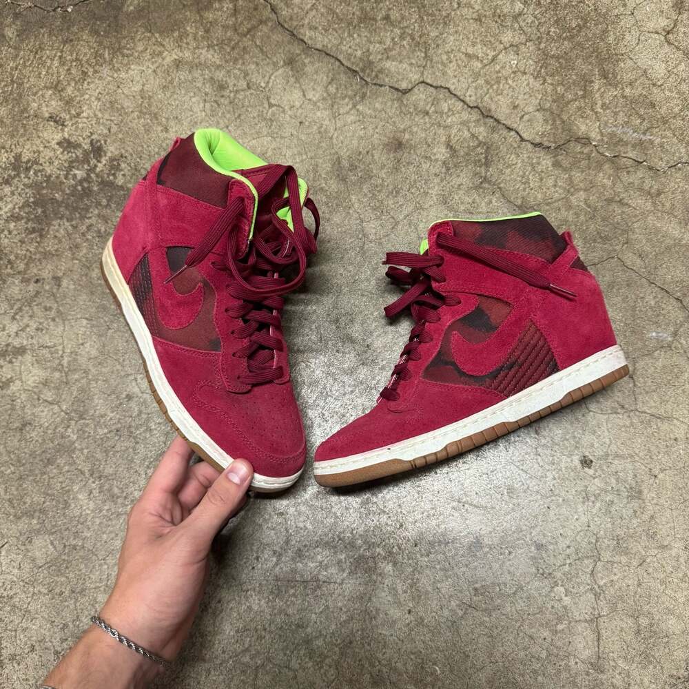 Nike Women's Dunk Sky Hi Hidden Wedge Sneakers in Noble Red Volt Camo